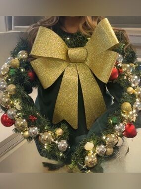Handmade DIY Light Up Wreath Ugly Christmas Sweater with Gold Bow